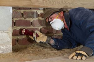 Termite inspector in residential crawl space inspects for termites